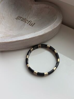 Black Cable Stretch Bracelet Gold Crystal Stations Textured Stack Bracelet
